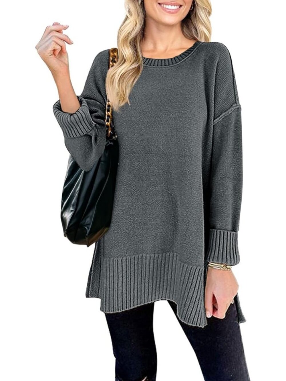 Women's Dark Grey Fall Winter Oversized Pullover Tunic Long Sleeves Sweater